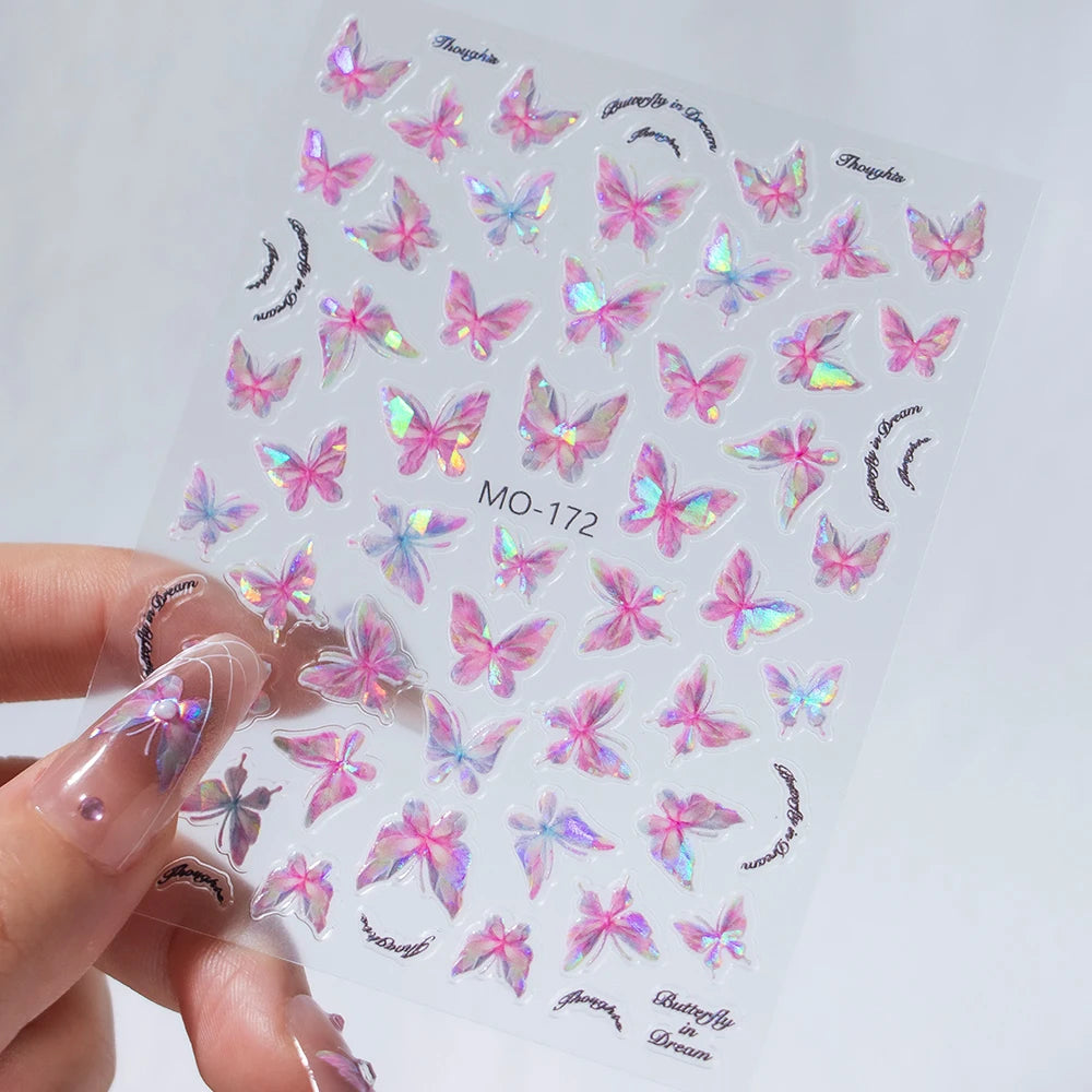 3D Aurora Shell Butterfly Nail Sticker – Pink & Purple, 8×10 cm