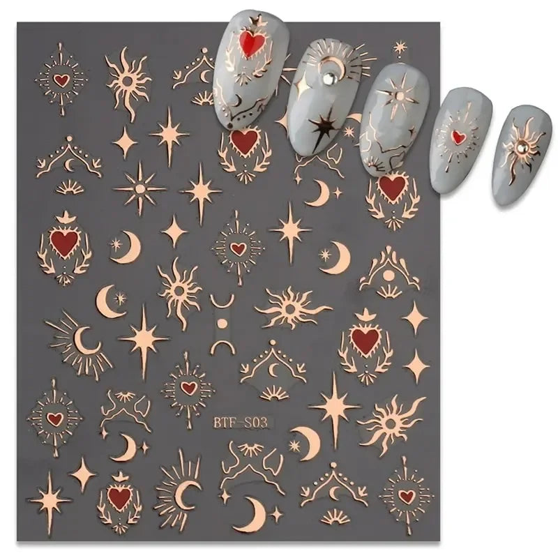 3-Pack 3D Nail Stickers – Gold, Silver & Rose Gold Laser Moon & Butterfly Decals