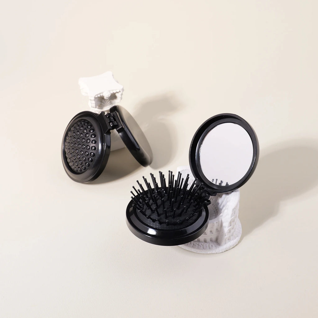 1/2pc Folding Travel Mirror Hair Brush – Round Pocket Comb for Wigs & Real Hair Styling