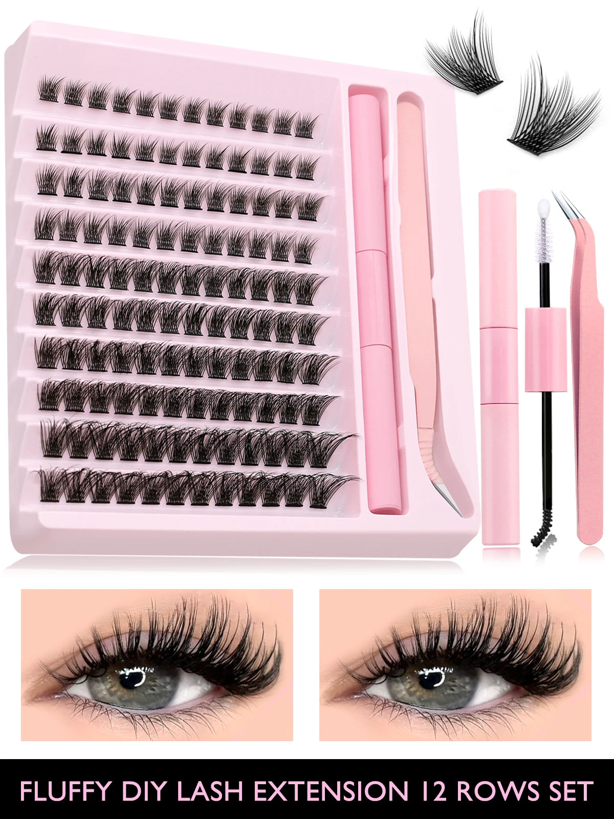 DIY Eyelash Cluster Extension Kit with Tweezers & Waterproof Lash Bond