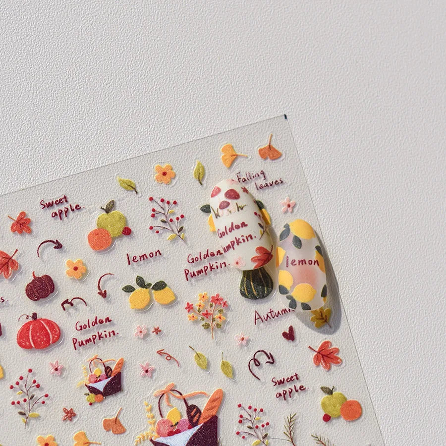 Autumn Maple & Ginkgo 5D Nail Art Stickers – Pumpkins, Ladybugs & Mushrooms