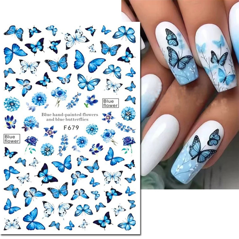 3D Butterfly & Flower Nail Art Stickers – Blue & Purple Decals for Manicure