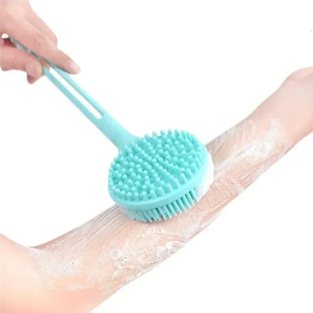 1pc Silicone Long Handle Bath Brush – Double-Sided Exfoliating & Back Massage Shower Brush