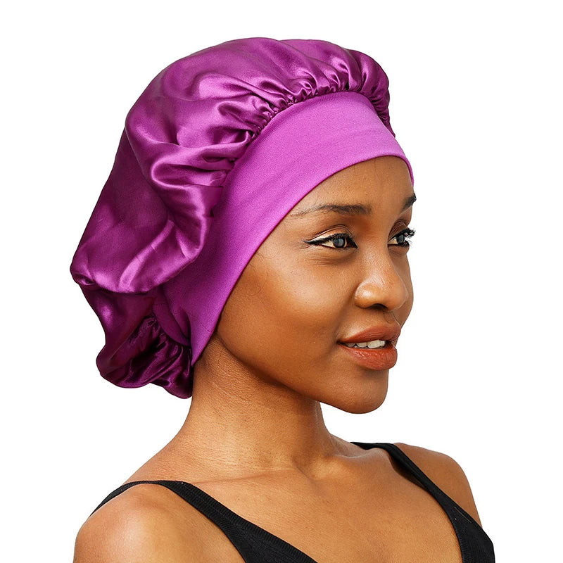 New Women’s Satin Solid Wide-Brimmed Sleeping Hat – Unisex Elastic Head Wrap Bonnet for Hair Care
