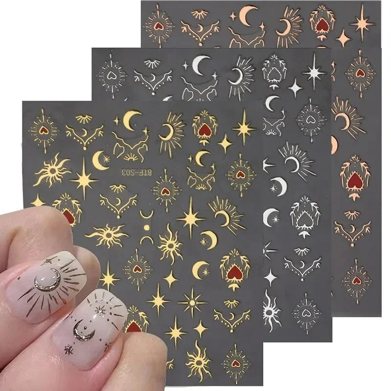 3-Pack 3D Nail Stickers – Gold, Silver & Rose Gold Laser Moon & Butterfly Decals