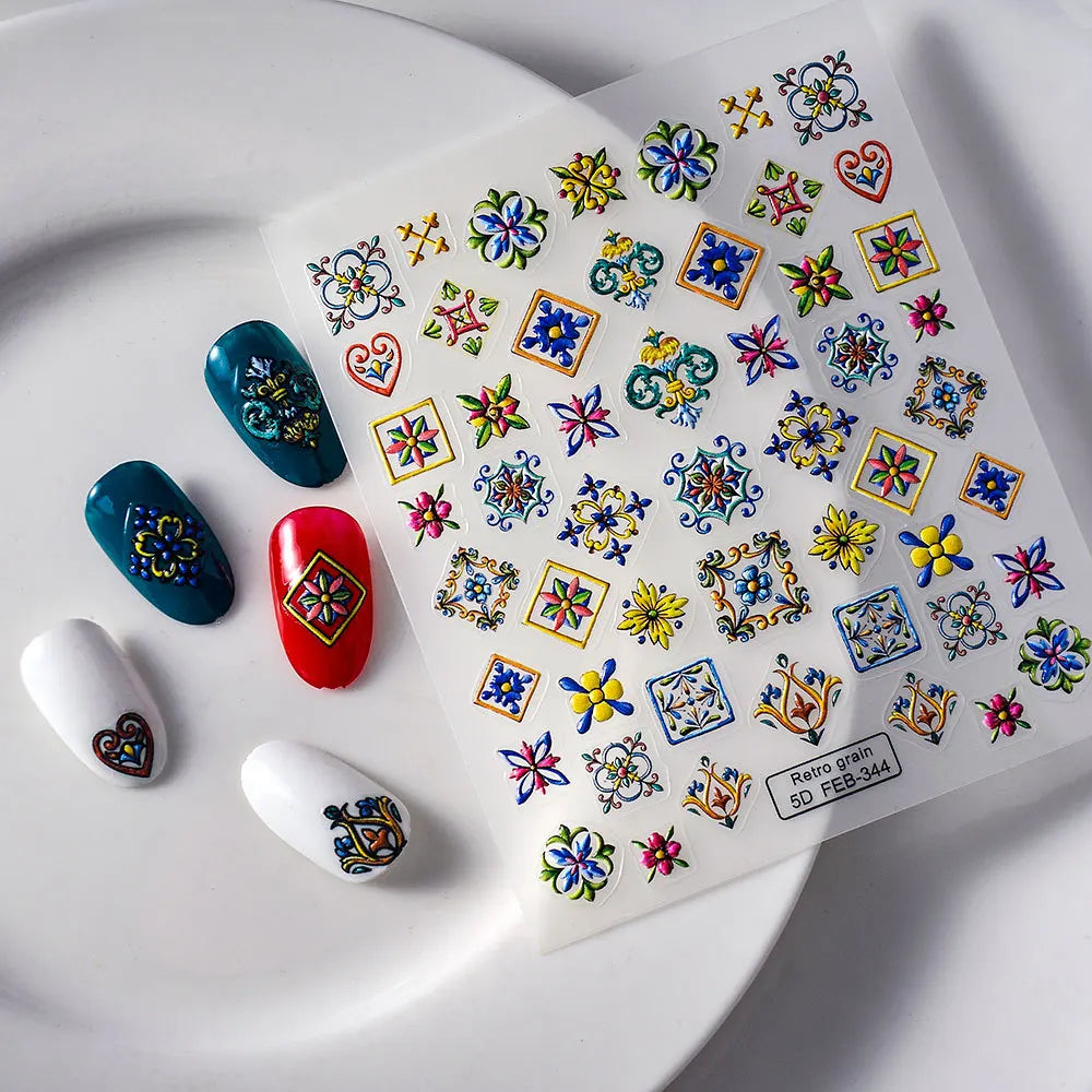 5D Bohemian Nail Stickers – Hand-Painted Ethnic Baroque Decals