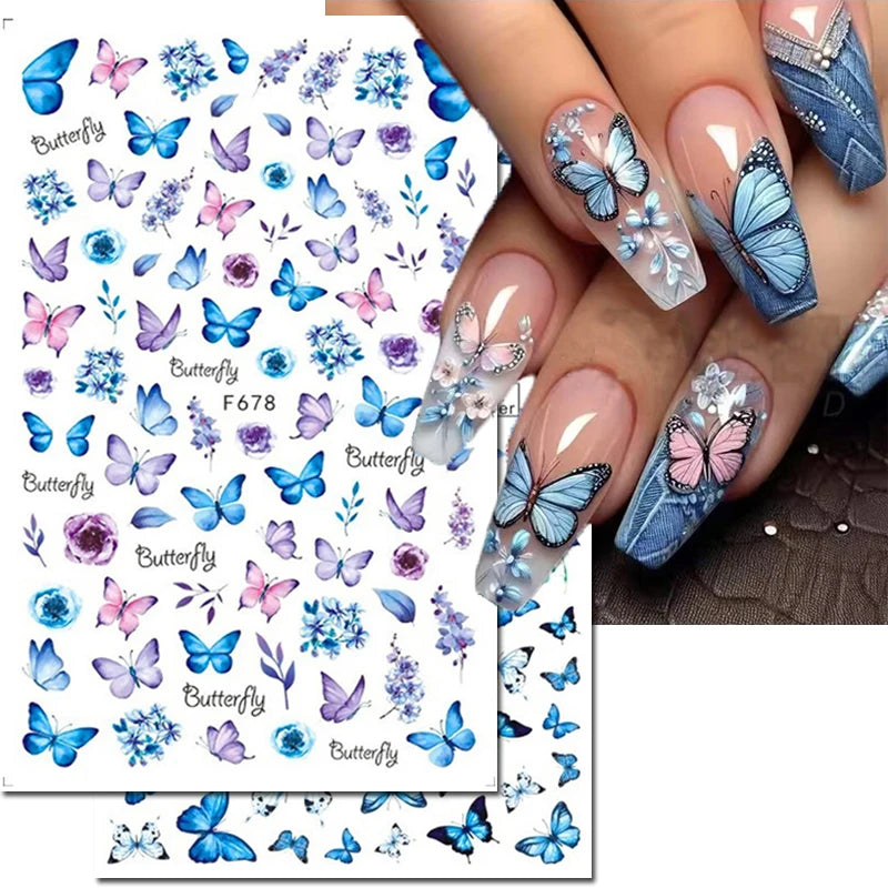 3D Butterfly & Flower Nail Art Stickers – Blue & Purple Decals for Manicure