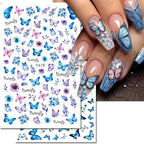 3D Butterfly & Flower Nail Art Stickers – Blue & Purple Decals for Manicure