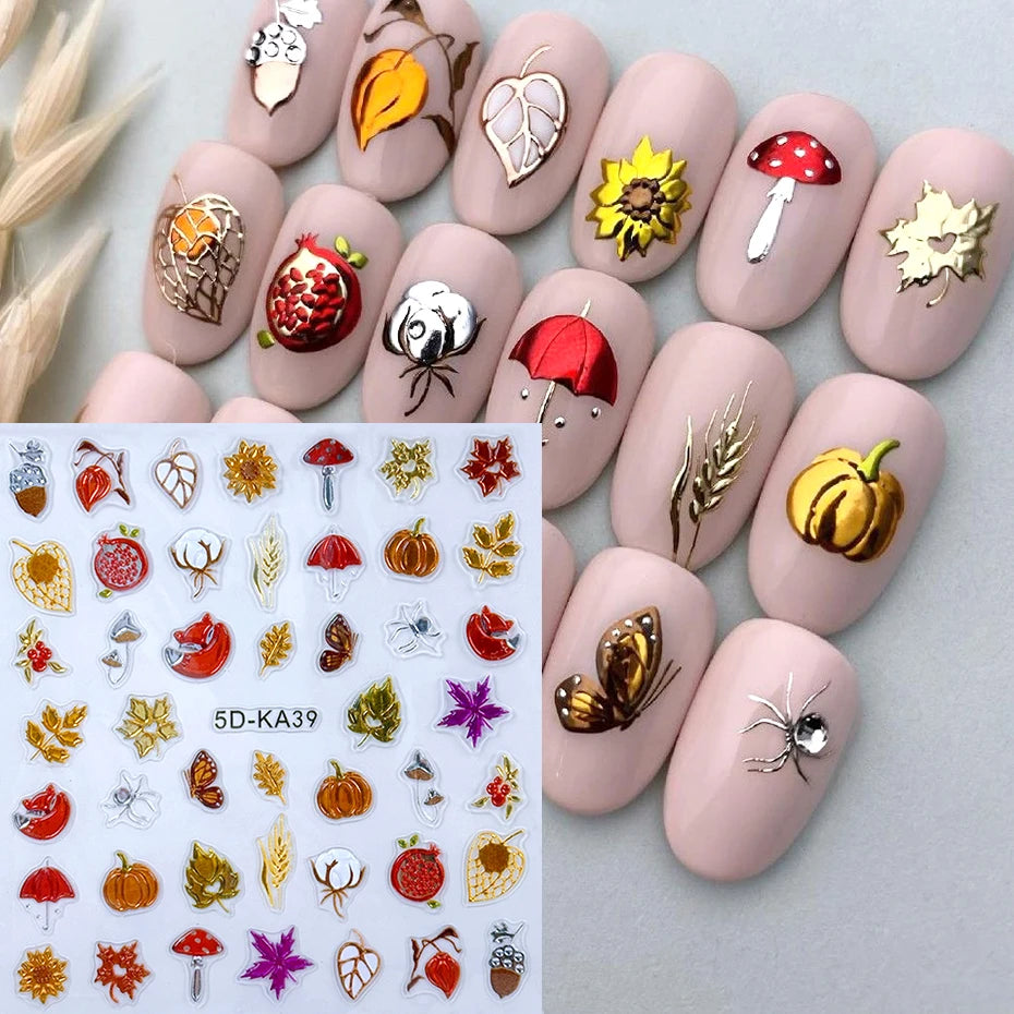5D Metallic Autumn Nail Stickers – Leaves, Pumpkin & Fox Decals