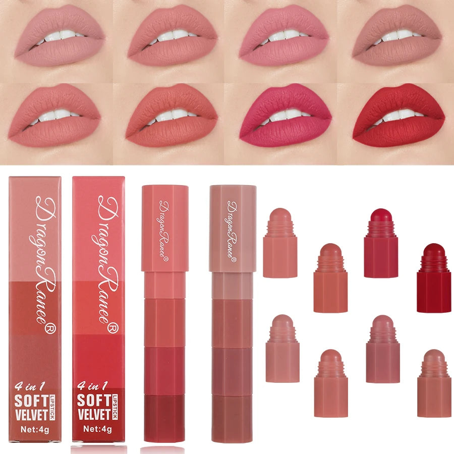 Mini 4-Color Matte Lipstick Pen – Moisturizing, Long-Lasting, Highly Pigmented