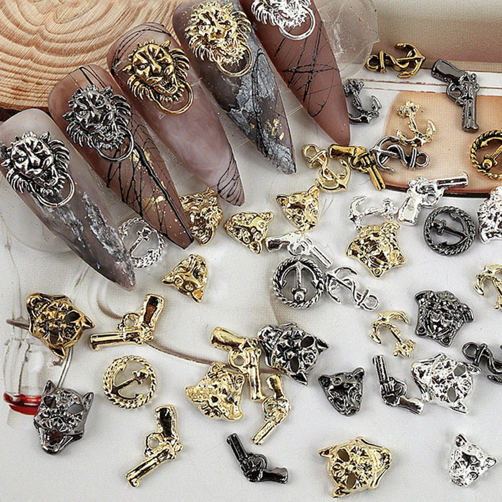 10pcs 3D Alloy Anchor Nail Charms – Gold & Silver Luxury Nail Decorations
