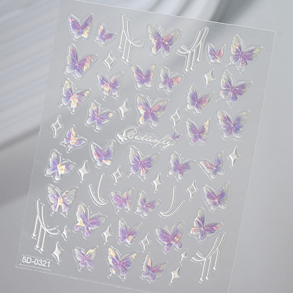 3D Aurora Shell Butterfly Nail Sticker – Pink & Purple, 8×10 cm