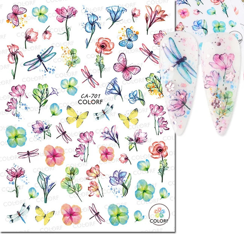3D Butterfly & Flower Nail Art Stickers – Blue & Purple Decals for Manicure
