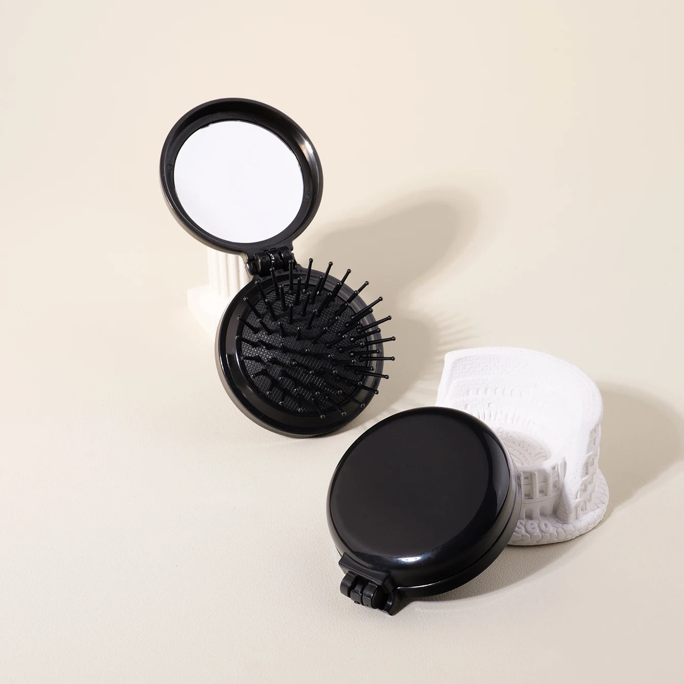 1/2pc Folding Travel Mirror Hair Brush – Round Pocket Comb for Wigs & Real Hair Styling