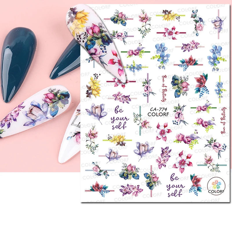 3D Butterfly & Flower Nail Art Stickers – Blue & Purple Decals for Manicure