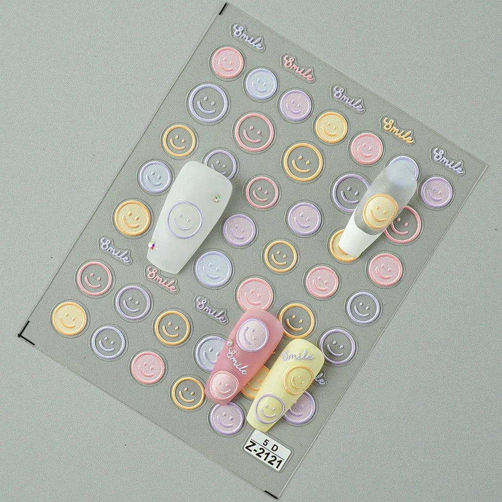 5D Smiley Face Nail Stickers – Embossed Japanese Macaron Decals