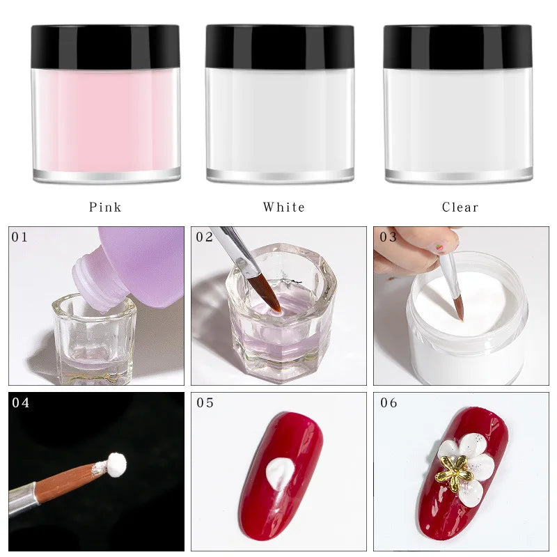 10g White Pink Clear Acrylic Powder – Professional Polymer for Carving, 3D Art, Dip & French Nail Extensions