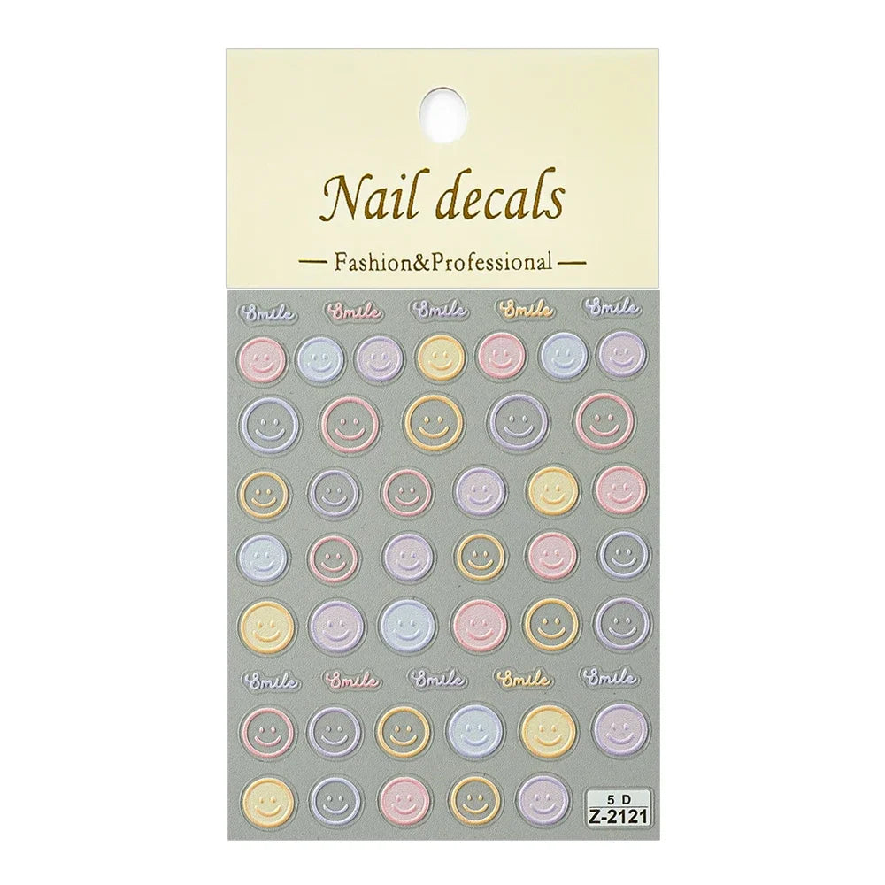 5D Smiley Face Nail Stickers – Embossed Japanese Macaron Decals
