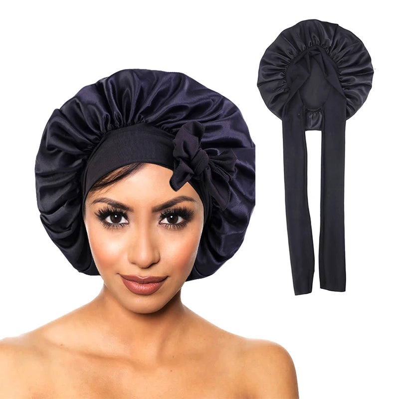New Women’s Satin Sleeping Bonnet with Tie Bands – Adjustable Silky Cap for Curly Hair & Shower Use