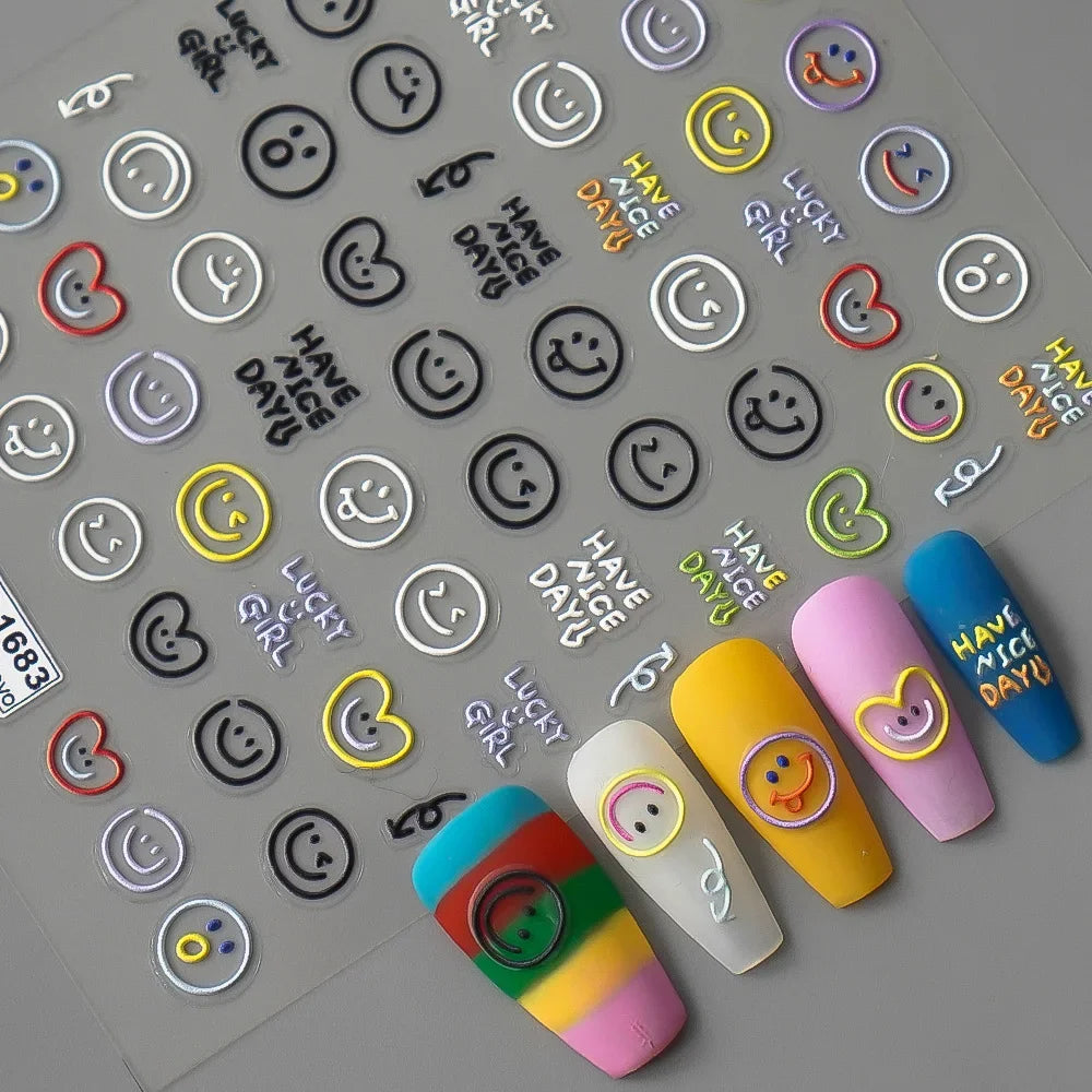 5D Smiley Face Nail Stickers – Embossed Japanese Macaron Decals
