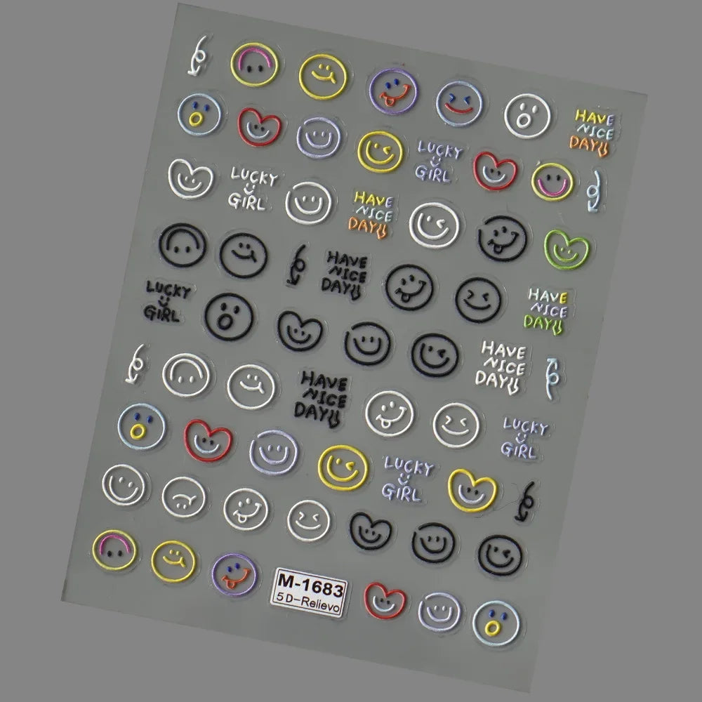 5D Smiley Face Nail Stickers – Embossed Japanese Macaron Decals
