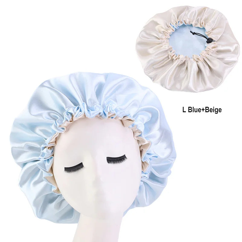 New Women’s Reversible Double Layer Satin Bonnet for Curly Hair – Adjustable Elastic Sleep Cap Night Haircare Hat
