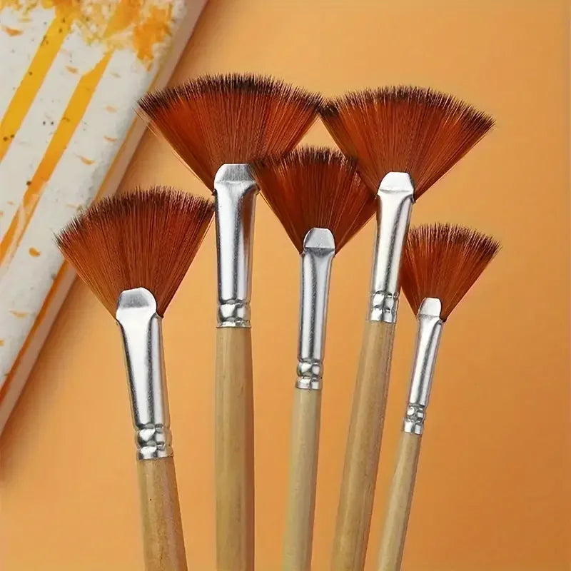 5pcs Fan Paint Brush Set – Nylon Hair Acrylic & Oil Painting Brushes with Short Wooden Handles