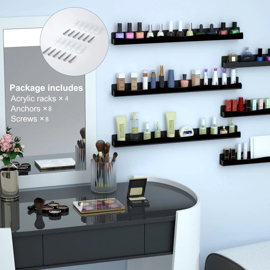 Black Acrylic Nail Polish Wall Rack – 4 Shelves, Holds 48–66 Bottles