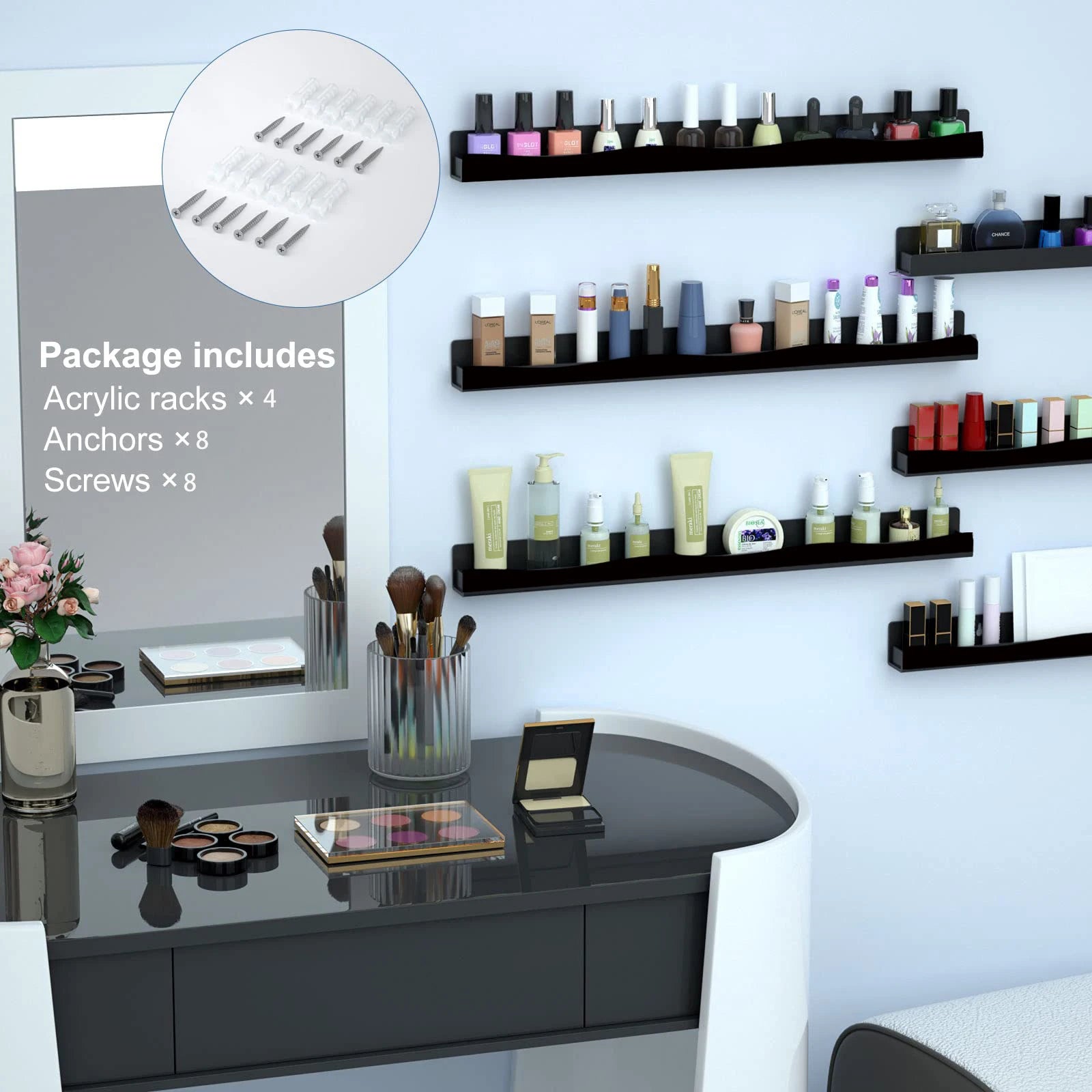 Black Acrylic Nail Polish Wall Rack – 4 Shelves, Holds 48–66 Bottles