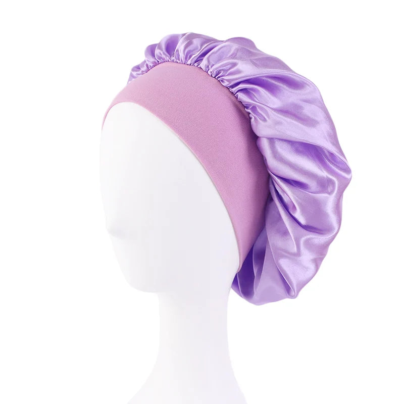 New Women’s Satin Solid Wide-Brimmed Sleeping Hat – Unisex Elastic Head Wrap Bonnet for Hair Care