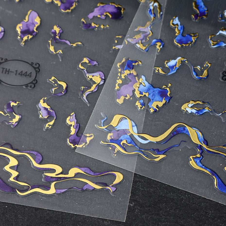 Holographic Purple & Blue Nail Art Stickers – Gold Ink Decals for DIY Manicure