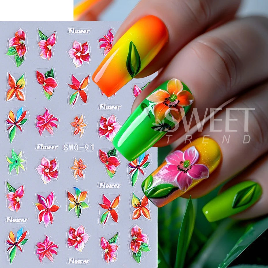 2PCS Hawaiian Floral Nail Stickers – DIY Spring/Summer Manicure Decals