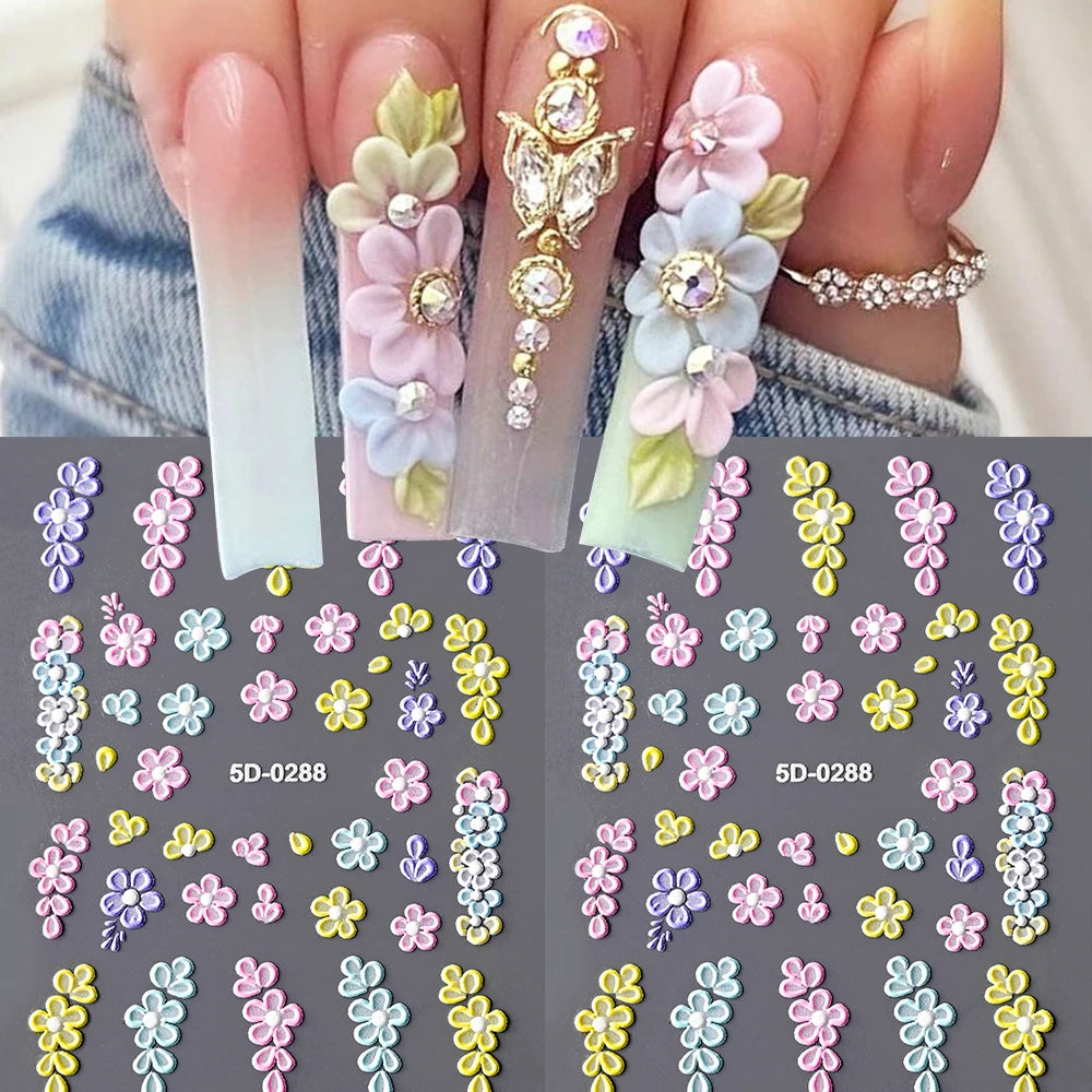 5D Spring Flower Nail Art Stickers – Colorful Daisy & Vine Decals for DIY Nails