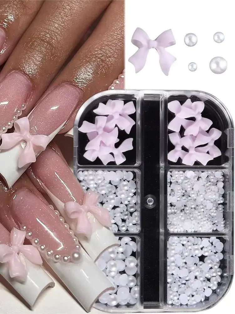 Kawaii 3D Mini Bow Nail Art Charms – Pink & White Pearl Resin Decorations