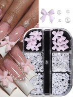 Kawaii 3D Mini Bow Nail Art Charms – Pink & White Pearl Resin Decorations