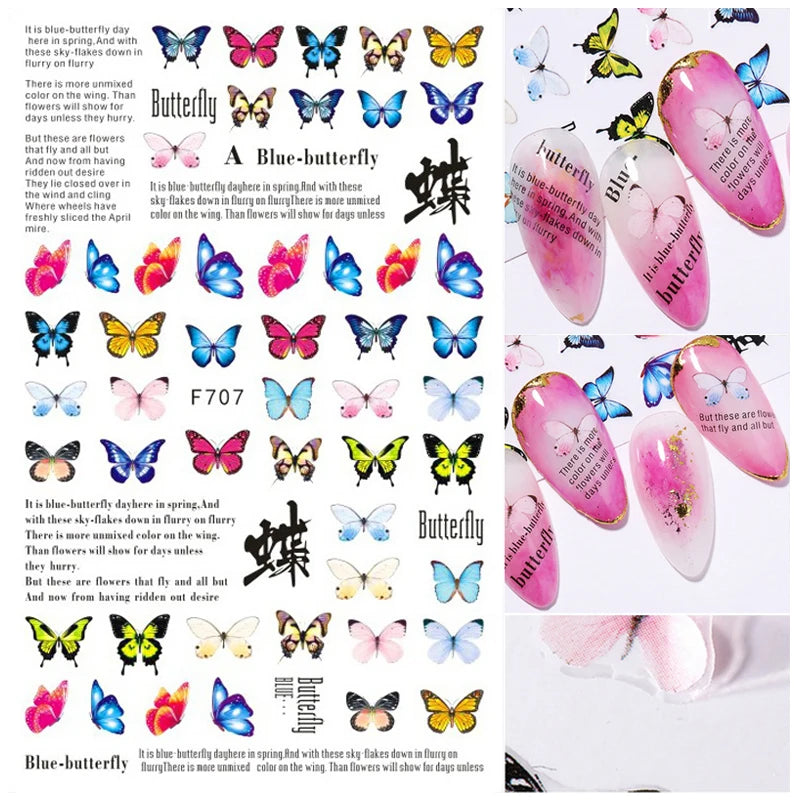 3D Butterfly & Flower Nail Art Stickers – Blue & Purple Decals for Manicure