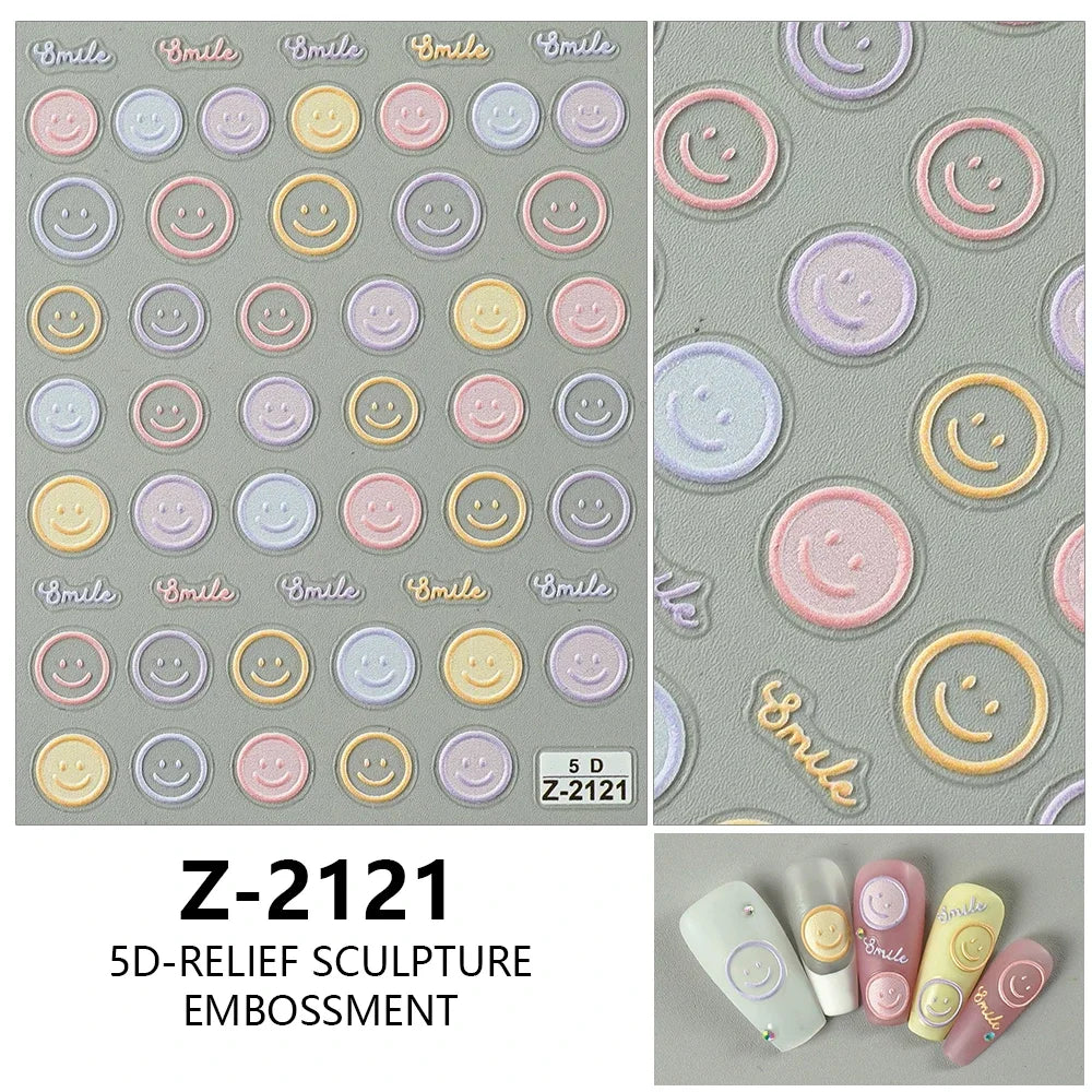 5D Smiley Face Nail Stickers – Embossed Japanese Macaron Decals