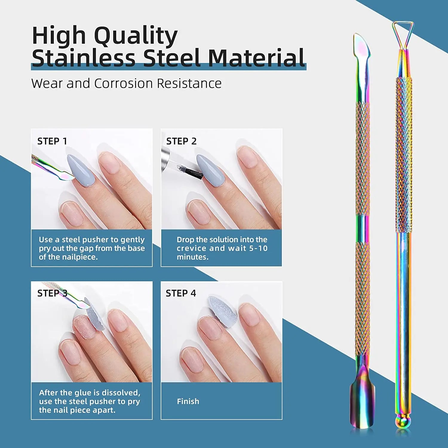 Double-Ended Cuticle Pusher & Spoon Nail Cleaner – Stainless Steel Triangle Gel Polish Remover Tool