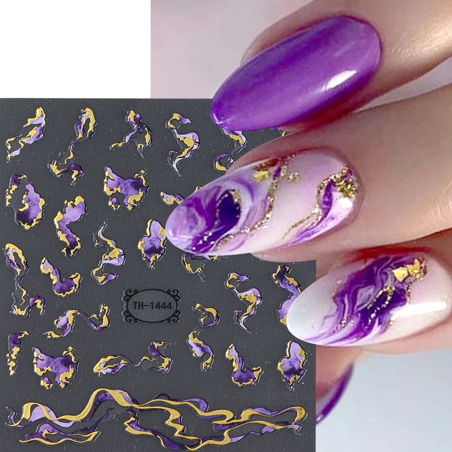 Holographic Purple & Blue Nail Art Stickers – Gold Ink Decals for DIY Manicure