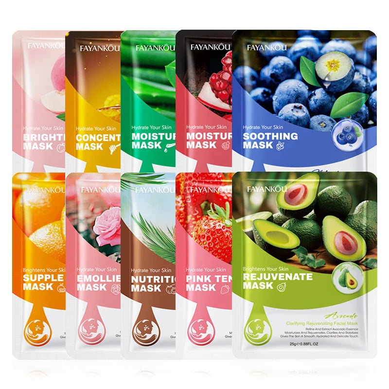 10pcs Fruit Facial Masks – Hydrating, Brightening & Firming Skincare