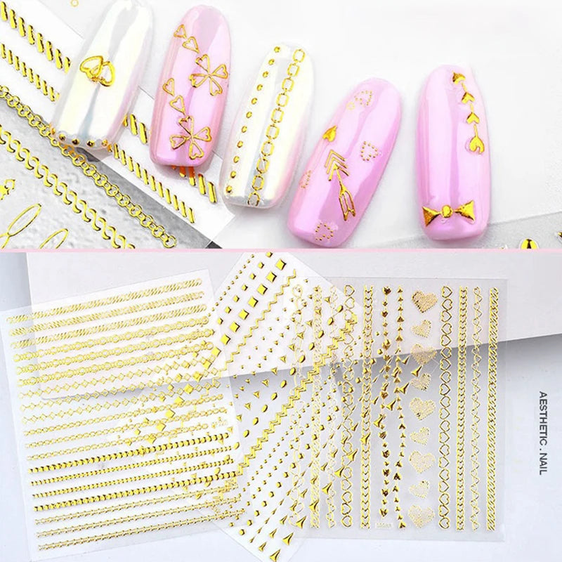 3D Gold Metal Nail Stickers – Chain & Zipper Decals for Women