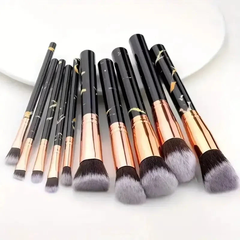 10PCS Marble Makeup Brush Set – Foundation, Blush, Eyeshadow, Eyebrow, Contour, Lip & Face Brushes