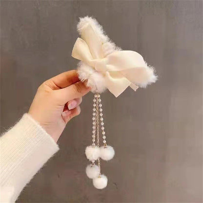Furry Big Bow Hair Claw Clip – Pearl Tassel Banana Jaw Clip for Women & Girls