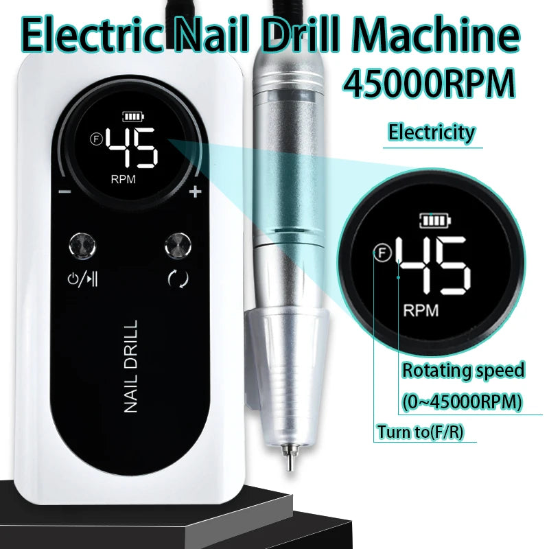 45,000 RPM Rechargeable Electric Nail Drill Machine – Portable Nail File Kit with Nail Mill Cutter Sets & Drill Bits