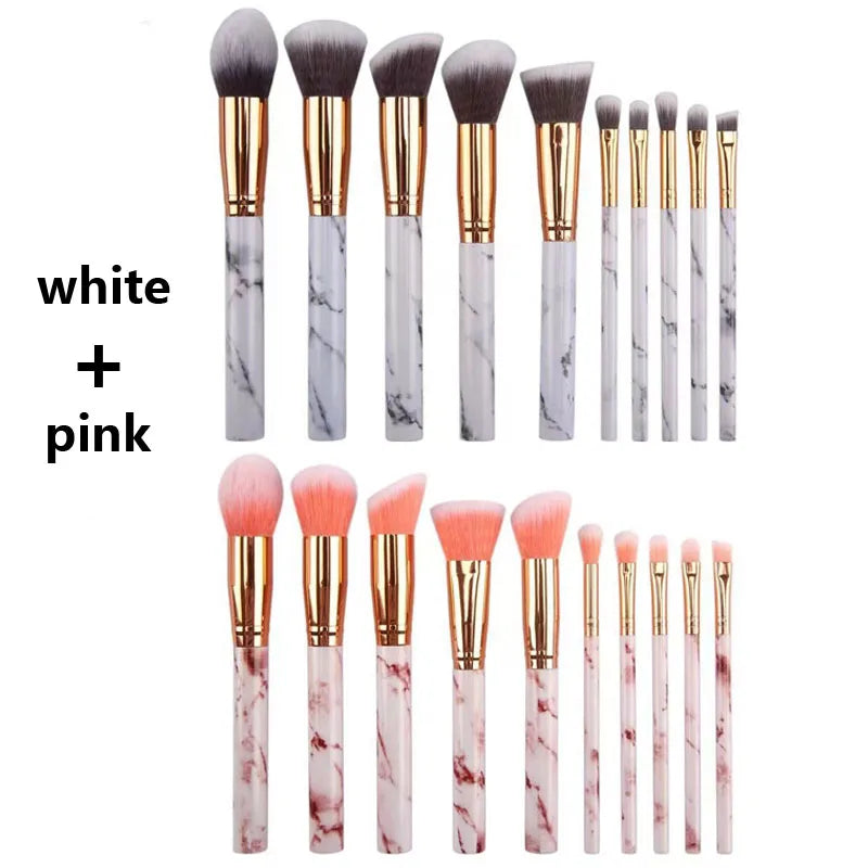 10PCS Marble Makeup Brush Set – Foundation, Blush, Eyeshadow, Eyebrow, Contour, Lip & Face Brushes