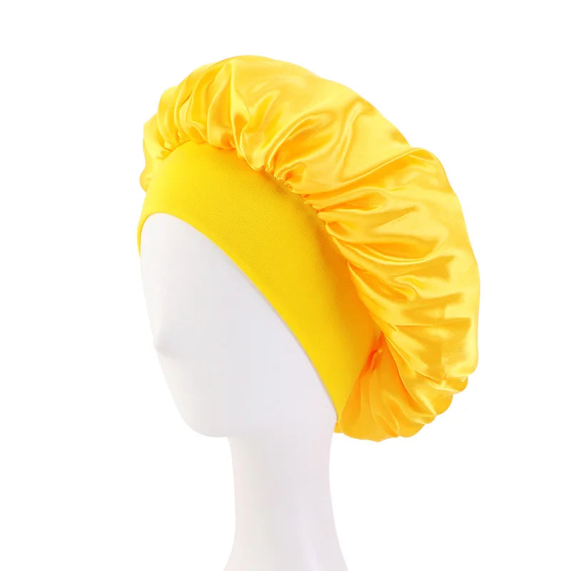 New Women’s Satin Solid Wide-Brimmed Sleeping Hat – Unisex Elastic Head Wrap Bonnet for Hair Care