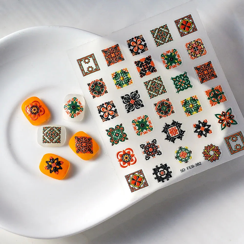 5D Bohemian Nail Stickers – Hand-Painted Ethnic Baroque Decals