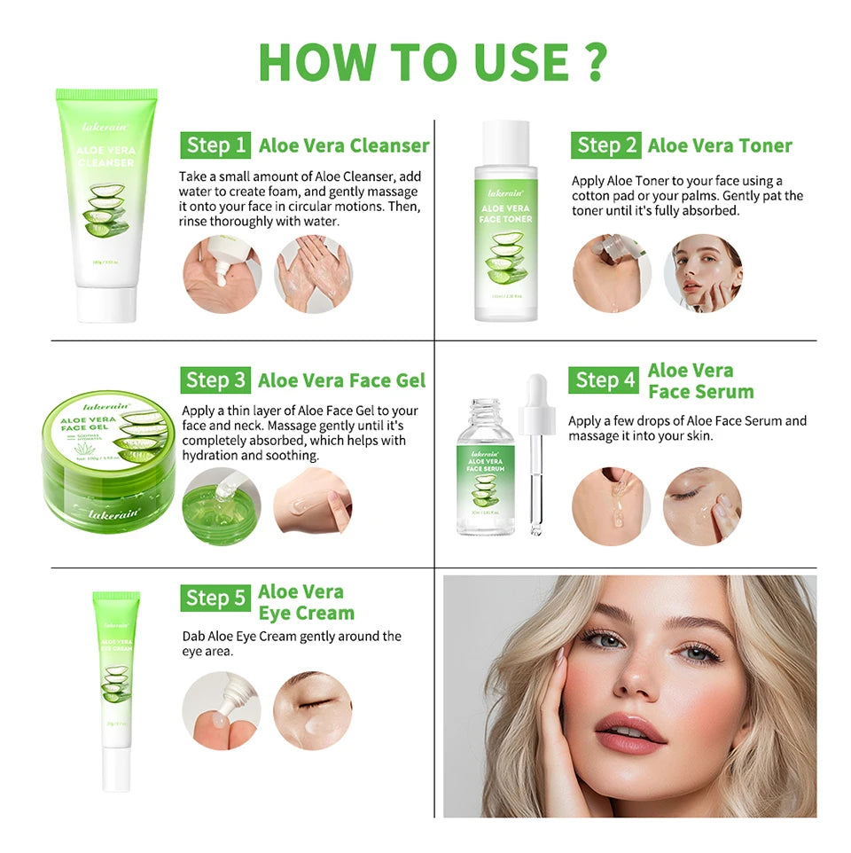 Aloe Vera Skin Care Set – Cleanser, Toner, Serum & Lip Balm (6 pcs) | Deep Hydration & Smooth Skin