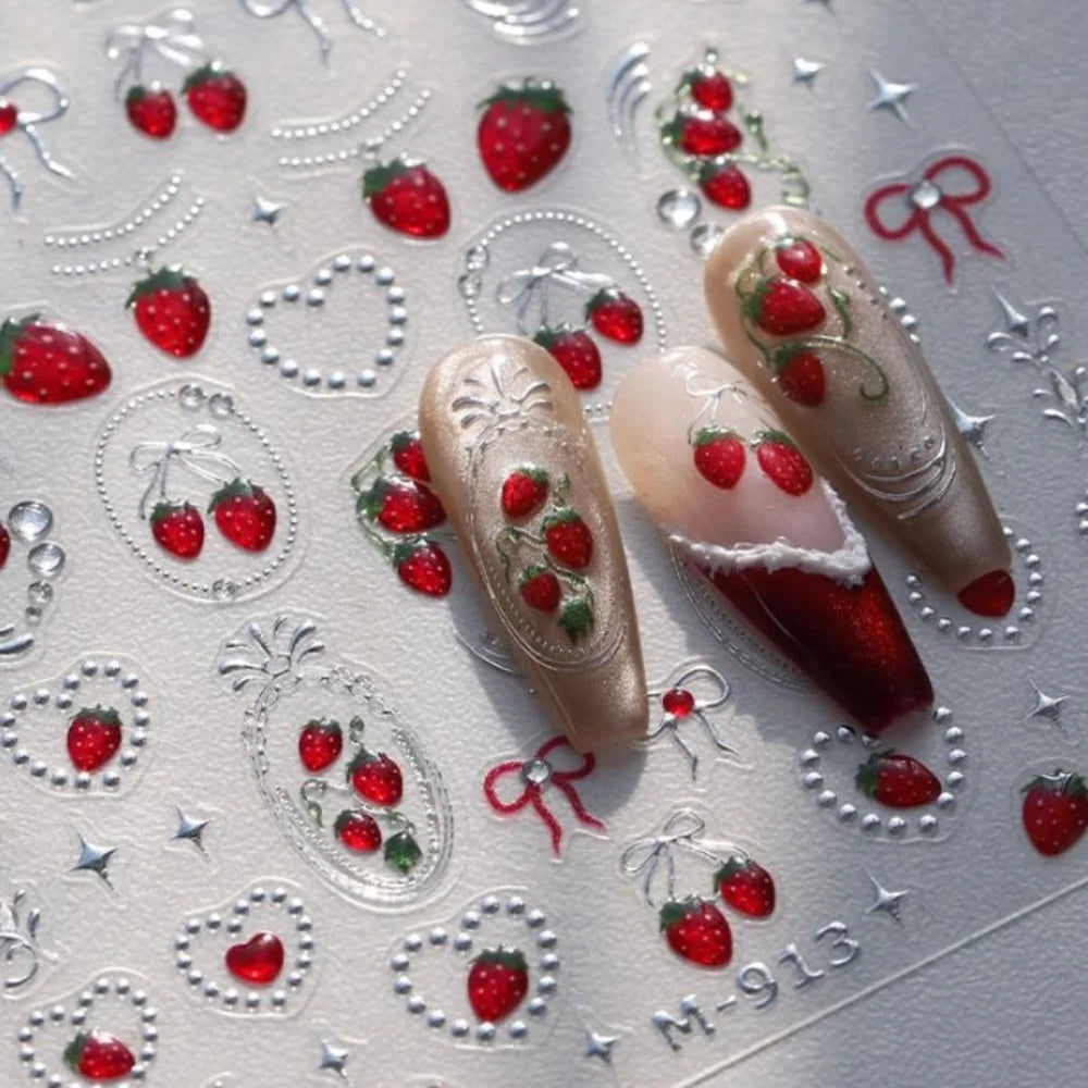 5D Strawberry & Cherry Nail Stickers – DIY Sweet Fruit Manicure Decals
