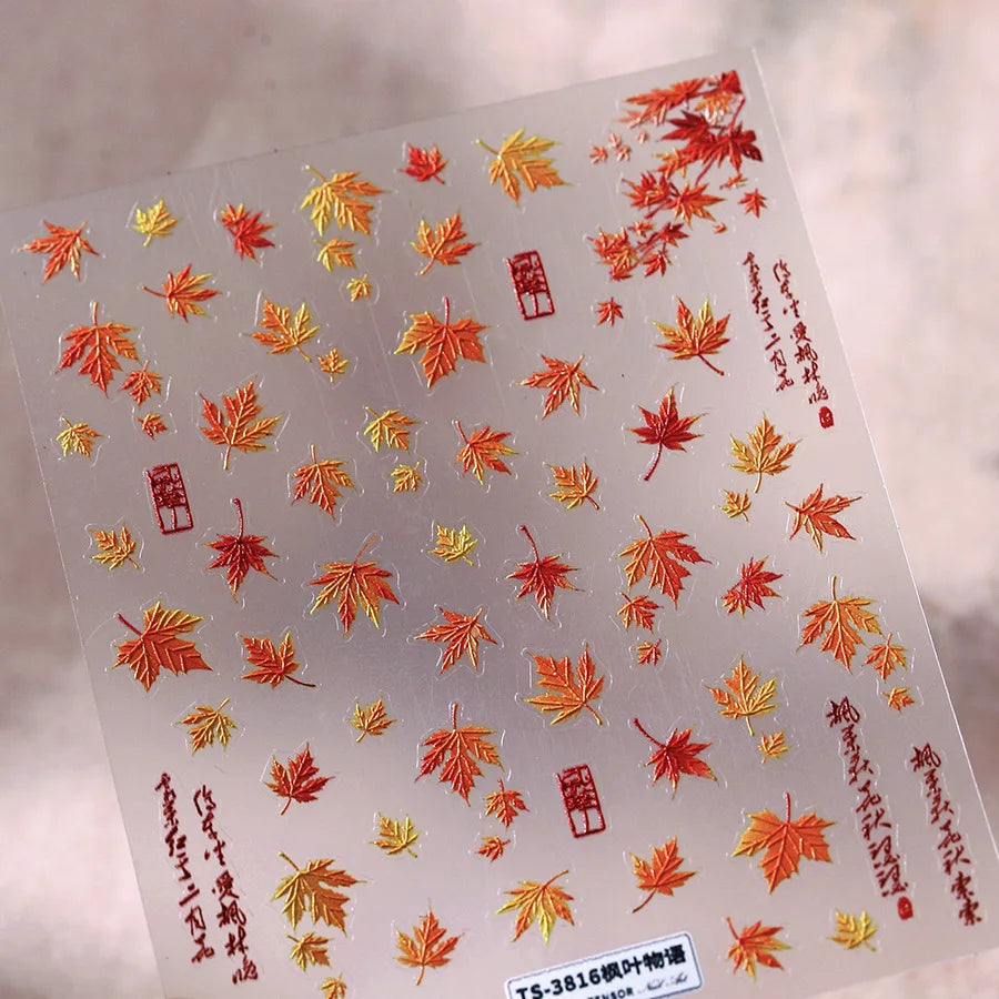 Autumn Maple & Ginkgo 5D Nail Art Stickers – Pumpkins, Ladybugs & Mushrooms